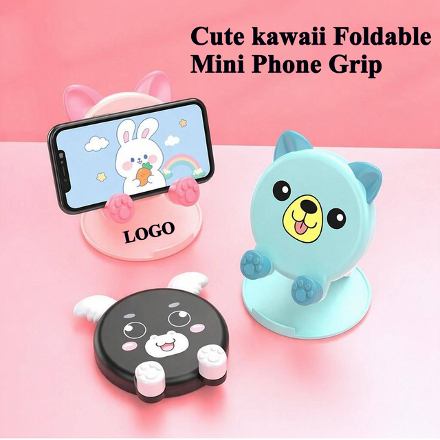 Custom Logo Kawaii Cartoon Animal Foldable Desktop Adjustable Height Phone Stand Holder with Dual Axis Balance Anti slip Base