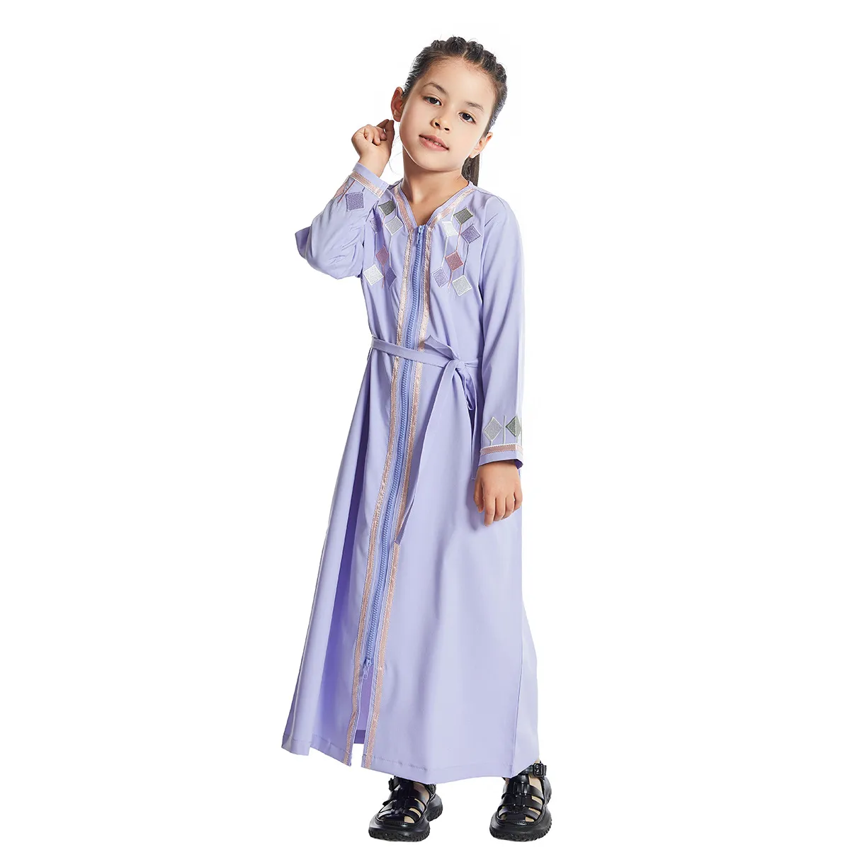 Cô Gái Hồi Giáo Dây Kéo Phía Trước Eid Ăn Mặc Vàng Đính Cườm Trẻ Em Abaya Quần Áo Kaftan Dresses Cho Trẻ Em