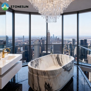 Baignoire ronde autoportante en pierre naturelle StoneSun Calacatta Viola, baignoire en marbre pour salle de bain à domicile - Product Image 6