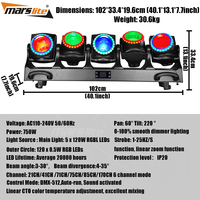 Barre de lumière LED Spider 5 têtes avec zoom, faisceau et wash, 5x120W RGBL, effet Tornado, avec anneau de pixels, pour scène