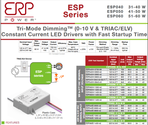 Fuente de Alimentación LED AC-DC ERP Power ESP060W-1400-42, 120-277 Vac, 87% de Eficiencia, 58.8W Máx., 1400mA, Carcasa de Aluminio - Product Image 2