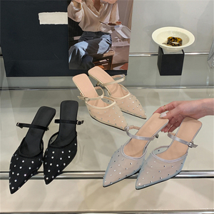 2025 New Summer Outdoor Gauze Breathable Pointed High-<b>Heeled</b> Sandals <b>Closed</b> <b>Toe</b> High-<b>Heeled</b> Slippers Patent Leather Upper - Product Image 4