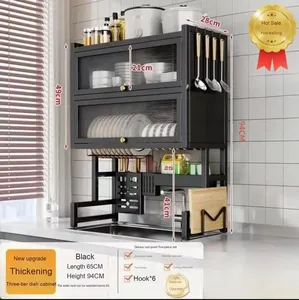 Égouttoir <span class=keywords><strong>de</strong></span> cuisine double couche en acier au carbone avec couvercle coulissant anti-poussière et drainage intégré - Product Image 5