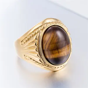 Oval Tiger Eye Pedra Anel de Aço Inoxidável Homens Jóias Moda Banhado A Ouro Com Uma Pedra