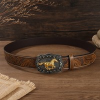 Ceinture en cuir PU style western américain avec boucle rétro en alliage, motif herbe à cheveux de biche, tête de cheval et tête de veau à longue corne embossées