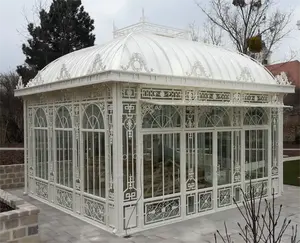 Jardín al aire libre de lujo pabellón de metal habitación de cristal blanco fundido de hierro forjado Gazebo Sunroom para la venta