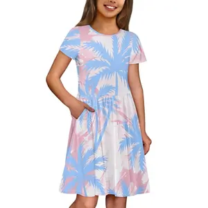 Wholesale China Factory Print Palm Leaves Children O Neck Soft Dress With Factory Price Discount Dropshipping Child Dress