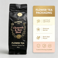 Sachet d'emballage souple en CPP noir mat, imprimé sur mesure, à huit soudures latérales, étanche, refermable, pour 50g de tisane de camomille et de rose