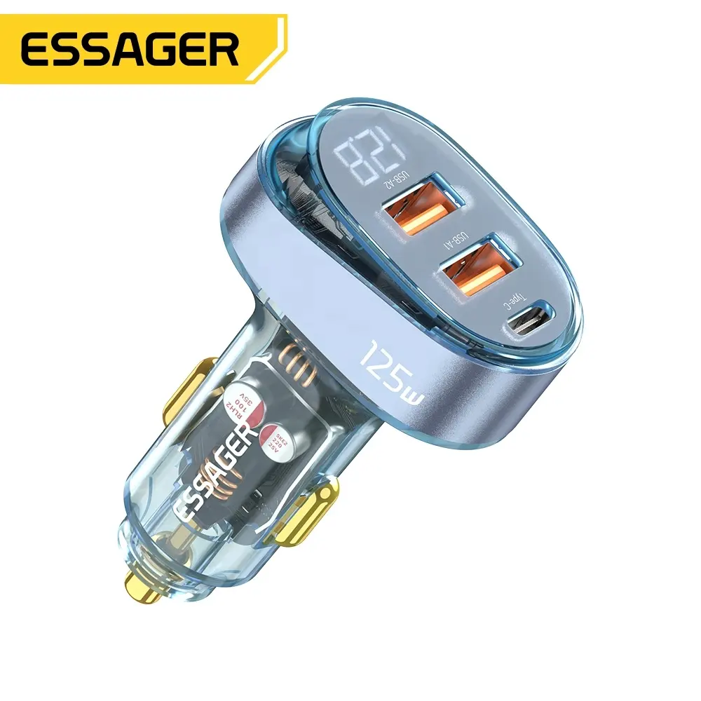 Essager 2022 투명한 디지털 공식 상점 차 충전기 125W 전시 차 충전기 (1 Type-C + 2 USB-A)