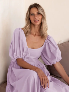 Robes pour femmes Multicolores Élégantes Col carré Taille haute Été Plissée Volants Ligne A Chic Robes pour femmes Longueur genou Manches bouffantes - Product Image 6