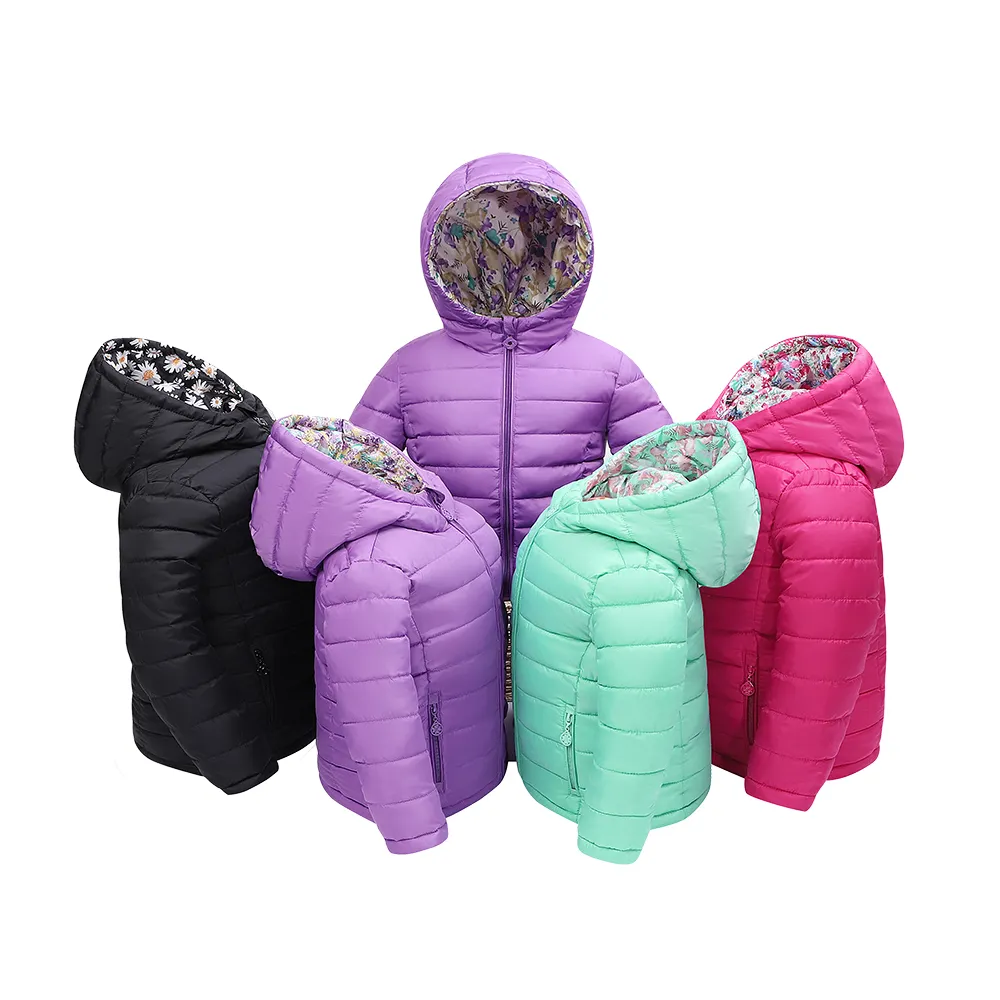 Fashion Hooded Girls 100% Polyester Quilt Jacket Winter Coat Children's Padded Jackets from 2T to 14/16 Kids Reverse Outwear