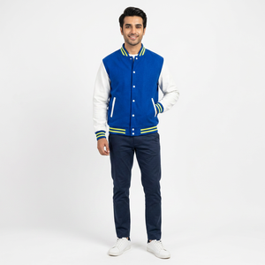 Custom Blue <b>White</b> Front 100% Cotton Varsity <b>Jacket</b> <b>Men</b> Baseball Bomber Fashion College Uniform Streetwear Outerwear OEM ODM - Product Image 1