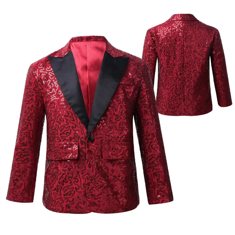 Hot Sales Kids Boys Shiny Sequins Lapel One Button Suit Jacket Coat Blazer Tuxedo for Wedding Banquet Party