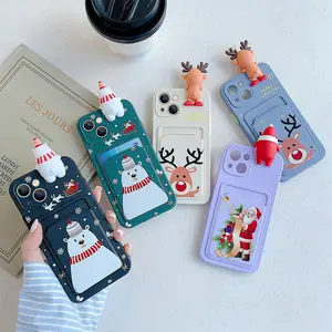 Casing Silikon Lembut TPU 2022, Pelindung Ponsel Saku Belakang Kartu Rusa Natal Lucu 3D untuk iPhone 13 Pro Max/12/ 11/Xr/7/8 Plus