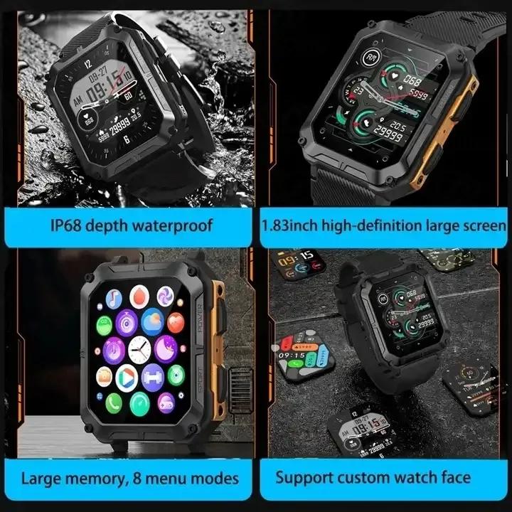 Jam tangan pintar C20 Pro, arloji Cerdas olahraga luar ruangan panggilan Ip68, Monitor olahraga tekanan darah dan detak jantung untuk pria