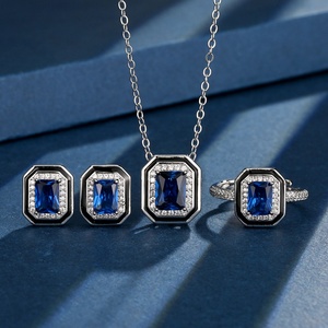 Refined Eco-friendly Copper 6*8/5*7mm Blue Zircon Geometric Square Necklace <b>Earrings</b> Ring <b>Set</b> Premium Quality Jewelry <b>Set</b> Simple - Product Image 3