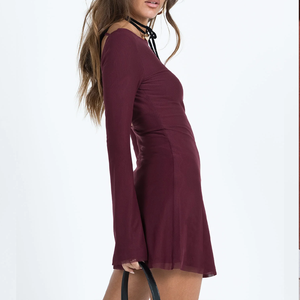 Vestido Borgoña de Mujer, Hombros Descubiertos, Manga Larga, Acanalado, con Mangas <span class=keywords><strong>Campana</strong></span>, Fruncido, Informal, para Fiesta - Product Image 3
