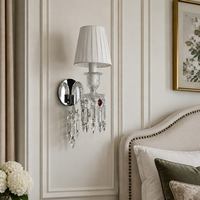 Applique Murale Rétro 1 Tête en Tissu Plissé et Cristal Facetté, Style Luxe Léger Français, pour Villa, Chambre, Chevet, Couloir, Hôtel