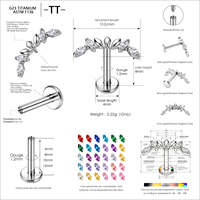 Piercing Labret en Titane ASTM F136 G23 avec Zircon Cubique Marquise Courbé, Plaqué PVD, Filetage Interne, pour Cartilage, Tragus, Hélix