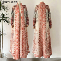 Robe longue plissée pour femme, style Abaya, imprimé tapis persan Kilim, ceinture à nouer, manches longues, modeste, de luxe, ethnique, type kimono