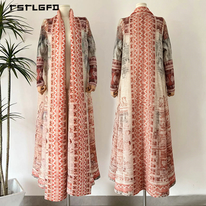 Robe longue plissée pour femme, style Abaya, imprimé tapis persan Kilim, ceinture à nouer, manches longues, modeste, de luxe, ethnique, type kimono - Product Image 3