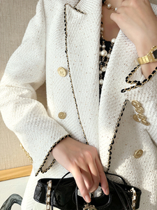 Traje de Tweed informal para novio blanco de un solo pecho con decoración de botones patrón sólido tejido - Product Image 5