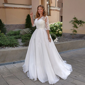 Wedding Dress V-neck <b>Lace</b> Ball Gown 3/4 Sleeve <b>White</b> Satin Bridal Gown Mori Girl Style - Product Image 2