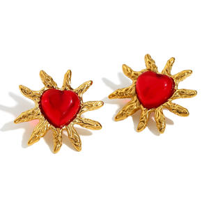 Kalung baja tahan karat 18K batu akik merah berlapis emas anting-anting sinar matahari cinta untuk hadiah - Product Image 4