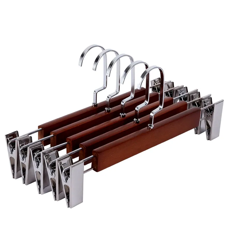 High Quality Wholesale Trousers Hanger with Flat Hook Solid Wood Pants Shirt Hanger with Metal Clips Garment Hanger