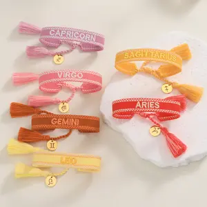 European American Embroidery Letter Woven Hand Rope Bracelet with Twelve horoscopeTag Fashion Jewelry Hand-Woven Jewelry