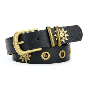 Ceinture en cuir Tiyo à thème solaire Modèle ABB0310 Noir 3,5 cm Boucle ardillon en alliage étroite Décontractée Extérieur Printemps 2026 - Product Image 1