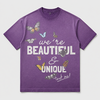 T-shirt surdimensionné en coton peigné 100% 320 g/m² avec logo personnalisé, texte violet, impression graphique, fabricant OEM ODM en gros