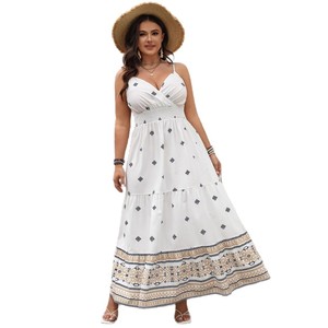 <span class=keywords><strong>Robe</strong></span> <span class=keywords><strong>longue</strong></span> maxi imprimée bohème <span class=keywords><strong>grande</strong></span> <span class=keywords><strong>taille</strong></span>, bretelles spaghetti, col en V, <span class=keywords><strong>taille</strong></span> smockée, à volants, pour l'été et la plage, décontractée - Product Image 1