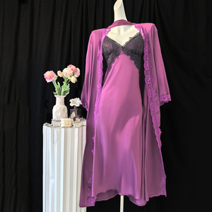 <strong>Beautiful</strong> Luxury Purple Lace Sexy Satin Silk Pajamas Set <strong>Robe</strong> Back Cutout Nightie Set Sleepwear Loungewear Romantic Pyjamas - Product Image 1