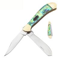Couteau de poche pliant 2-en-1 à double lame en acier 3Cr13 avec manche incrusté de nacre pour camping en extérieur, cadeau, outil de vente en gros
