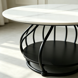 Table basse ronde moderne à 2 niveaux, plateau en pierre frittée veinée blanche, cadre en métal courbé noir, table centrale pour canapé de salon - Product Image 2