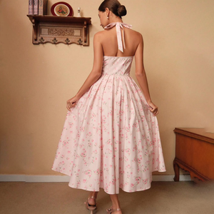 Figur figur korset leher Halter berkilau pinggang merah muda motif bunga Ruffle potong elegan musim panas gaun Midi pesta wanita - Product Image 4