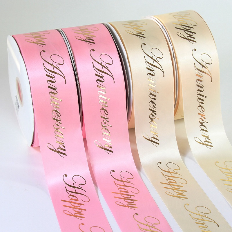 Custom Gold Foil 3d Embossed Printed Gift Polyester Satin Ribbon With Text Happy Valentine's Day Gift Packaging Ribbon