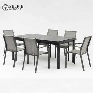 Moderno Juego de Mesa de Comedor para Exterior con Marco de Aluminio y Vidrio Templado, 6 Sillas, Cubierta de Piedra Sinterizada, para Patio, Parque, Hotel, Villa - Product Image 3