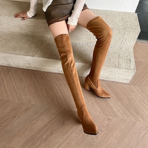 Red Over-The-Knee Boots Suede Pointed Toe <b>Block</b> Heel Zip Closure Thigh High Fashion Winter Style - Product Image 5