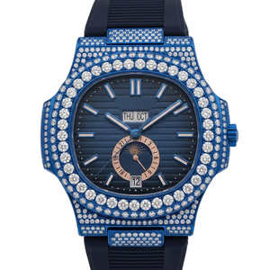 Montre de luxe pour homme à quartz avec lunette sertie de diamants, boîtier octogonal, cadran bleu, affichage analogique des phases lunaires, bracelet en silicone, 42 mm - Product Image 1