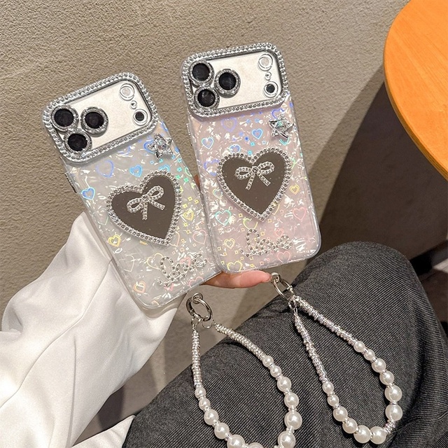For 17 Pro Max Luxury Bow Rhinestone Heart-Shaped Mirror Phone Case Pearl Chain Shockproof iPhone Cover for 16 15 14 Wholesale
