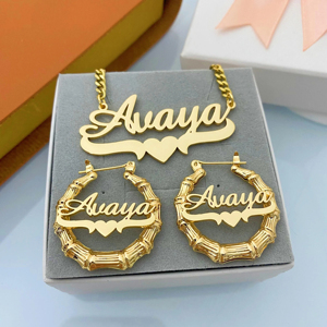 Set di Orecchini e Collana in Bambù con Nome Personalizzato, Targhetta Personalizzata in <span class=keywords><strong>Acciaio</strong></span> <span class=keywords><strong>Inossidabile</strong></span> <span class=keywords><strong>316L</strong></span>, Placcatura in Oro 18K PVD, <span class=keywords><strong>Gioielli</strong></span> Hip Hop Impermeabili - Product Image 4