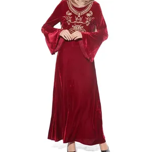 Hot Selling Simple Golden Embroidery Red Abaya Women Dress Islamic Clothing Muslim Kaftan