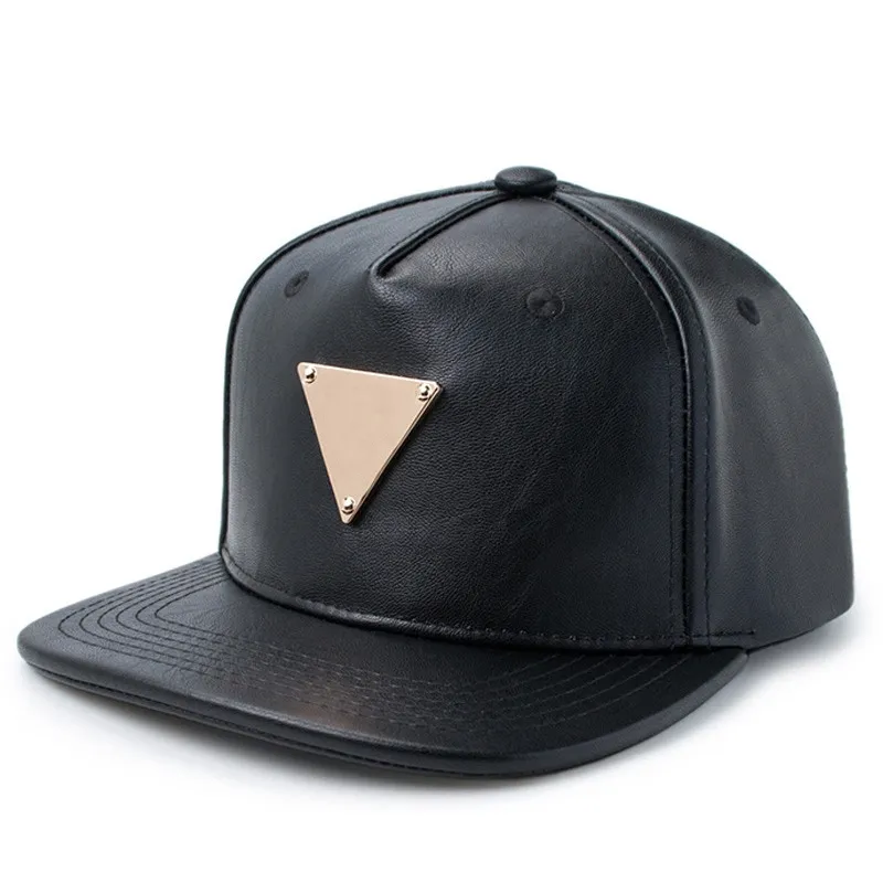Personalizado Logotipo de placa de Metal 5 Panel de ala plana de la PU cuero ajustable del sombrero del Snapback