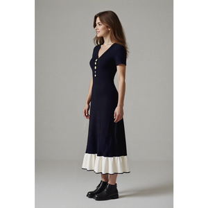 Vestido Midi de Punto Azul Marino Elegante para Mujer, Cuello en V, Manga Corta, Botones Dorados, Dobladillo con Volantes en Contraste, Vestido Suéter <span class=keywords><strong>Vintage</strong></span> Estilo Sirena - Product Image 2