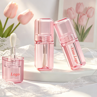 Tube de brillant à lèvres transparent rose de 5 ml avec couvercle carré, emballage cosmétique en gros avec grands pinceaux