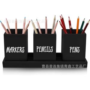 Wooden Pen Holder <b>Set</b> With Tray 4 Pieces Black <b>Square</b> Desk Organizer For Pens Pencils Markers Storage Rack Office Desktop - Product Image 2