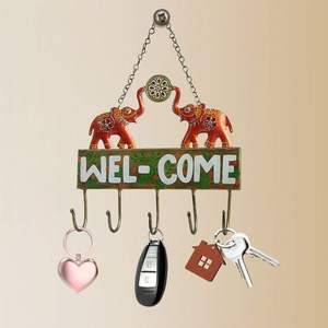 Handcrafted 2 lephant Welcome <b>Key</b> Holder <b>Wall</b> Hanger 5 <b>Hooks</b> Premium Quality Iron <b>Key</b> Holder Authentic Design for Entryway Home - Product Image 3