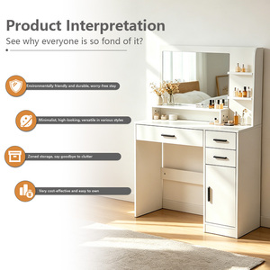 Tocador Moderno <span class=keywords><strong>de</strong></span> Madera Maciza con Espejo, Luces <span class=keywords><strong>de</strong></span> Altura Ajustable, Taburete Acolchado, Almacenamiento y Enchufe para Dormitorio - Product Image 4